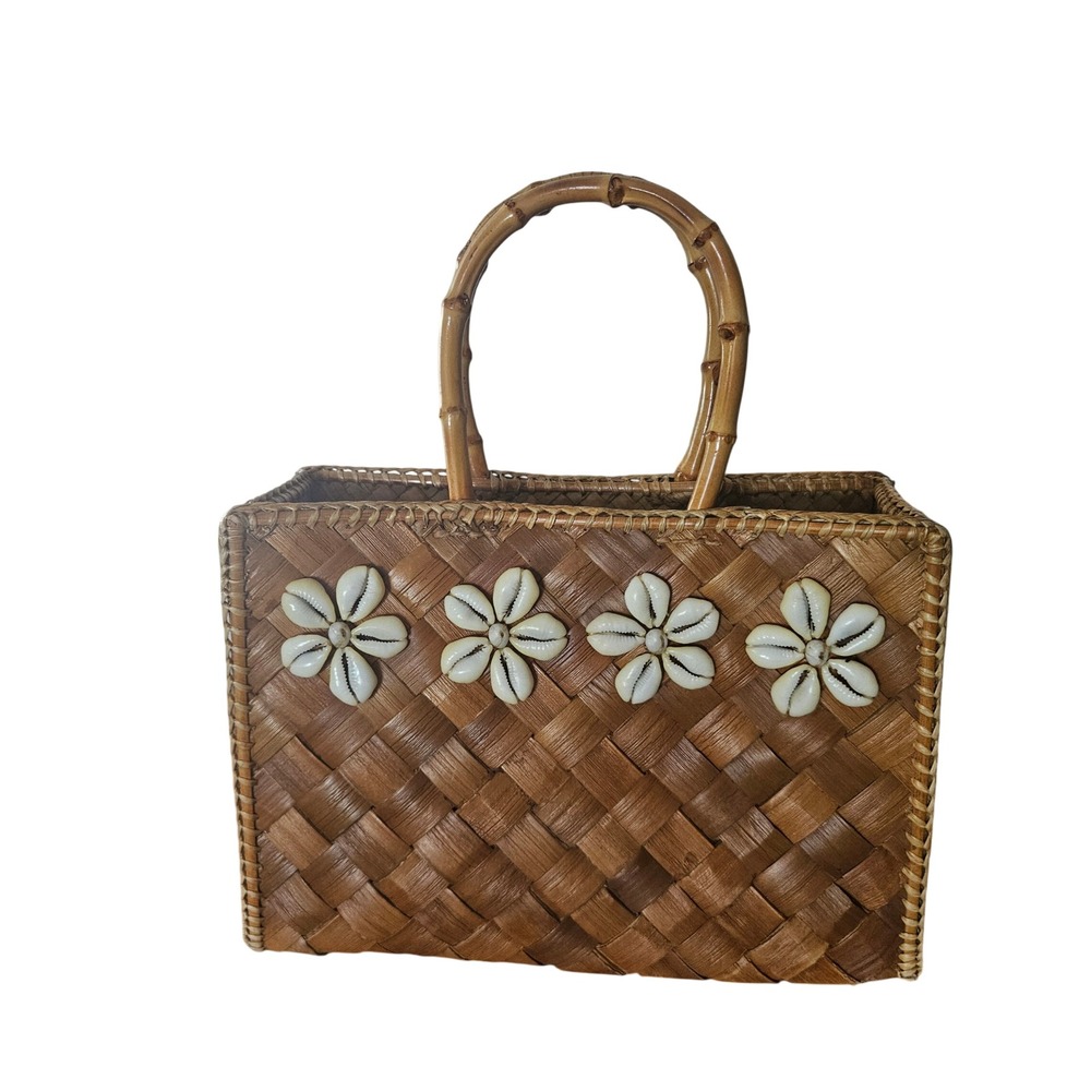 Lois Hill Woven Straw Basket Tote Bag Cowrie Shell Flower Bamboo Handle Brown